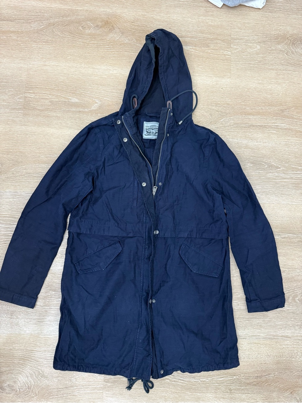 Levis Womens Soft Slub Cotton Hooded Fishtail Parka Jacket Navy Blue Size Small